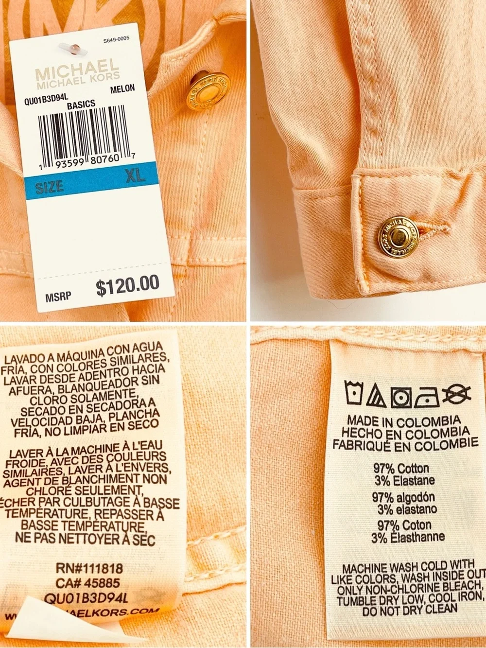 MICHAEL KORS Denim Jacket Gold Button Patch Pocket Pointed Collar Stretch